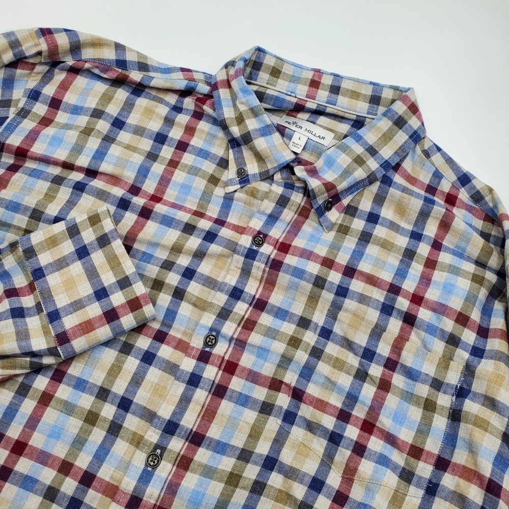 Peter Millar Mens Large Plaid Button Down Shirt Multi Color Cotton Long Sleeve - Picture 1 of 7